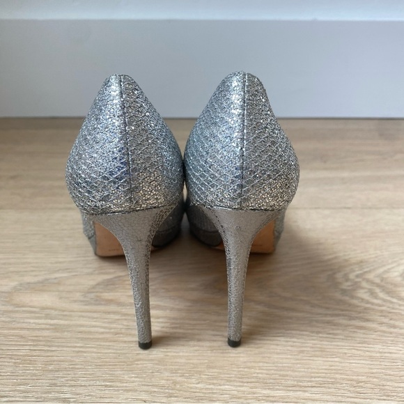 Jimmy Choo Luna 100 Champagne Glitter Fabric Peep Toe Platform Pumps - Picture 4 of 9